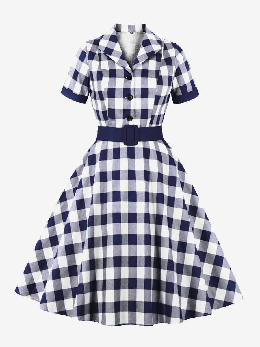 Retro Dress 1950s Audrey Hepburn Style Blue Gray Women Short Sleeves Rockabilly Dress