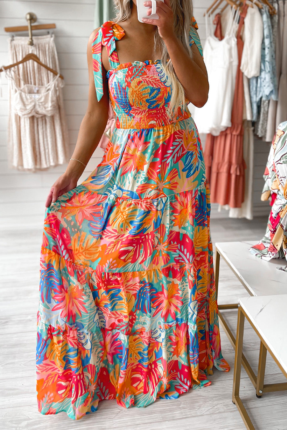 Multicolor Vibrant Tropical Print Smocked Ruffle Tiered Maxi Dress-yoyobikini
