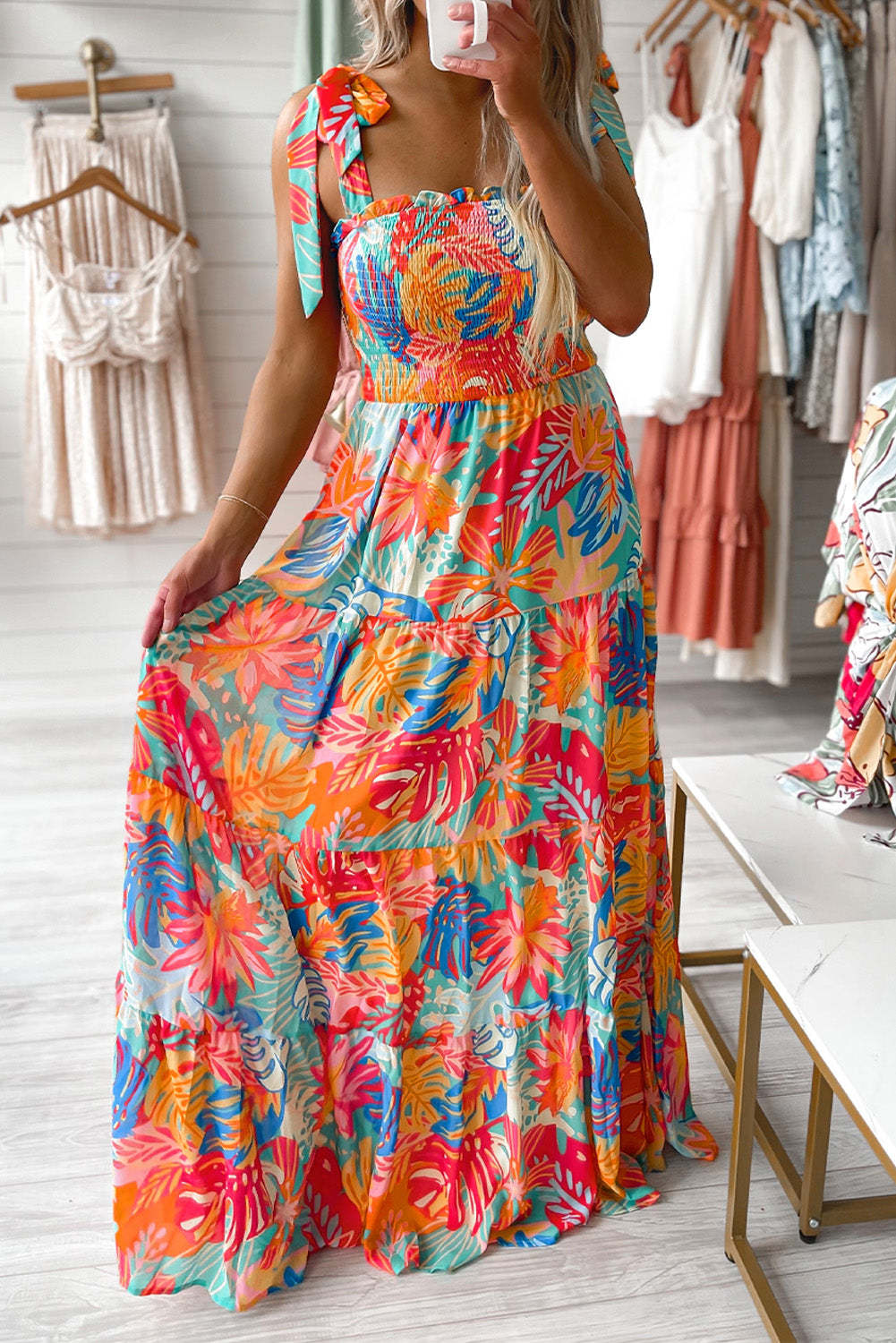 Multicolor Vibrant Tropical Print Smocked Ruffle Tiered Maxi Dress-yoyobikini