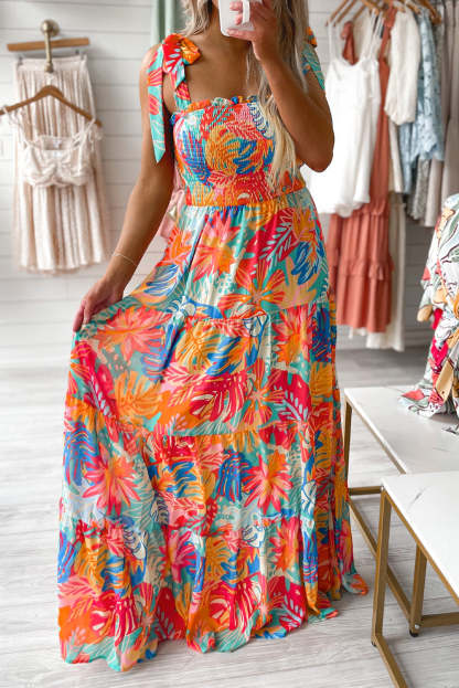 Multicolor Vibrant Tropical Print Smocked Ruffle Tiered Maxi Dress-yoyobikini