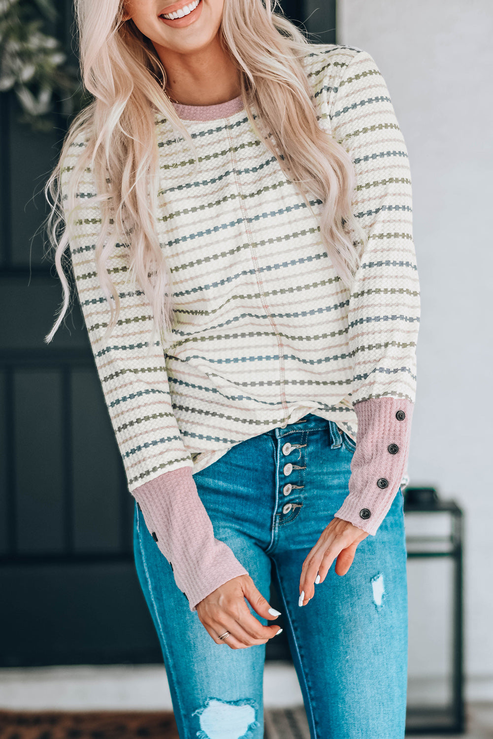 Waffle Knit Colorblock Buttoned Cuff Long Sleeve Blouse-yoyobikini