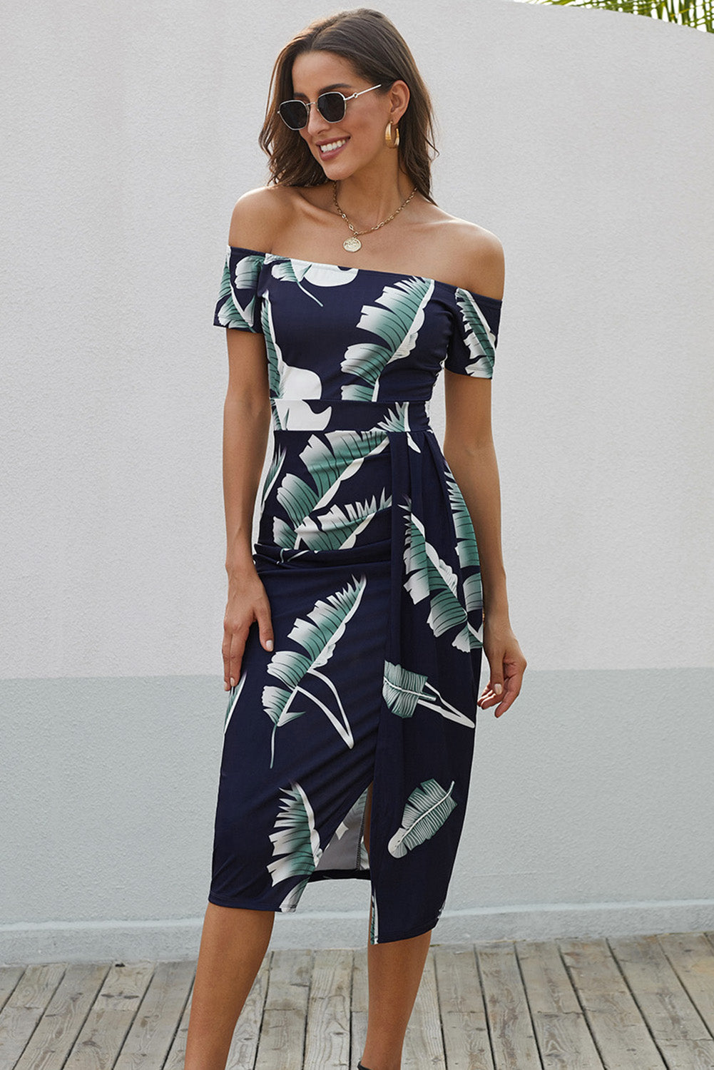 Blue Pattern Print Off Shoulder Slit Bodycon Midi Dress-yoyobikini