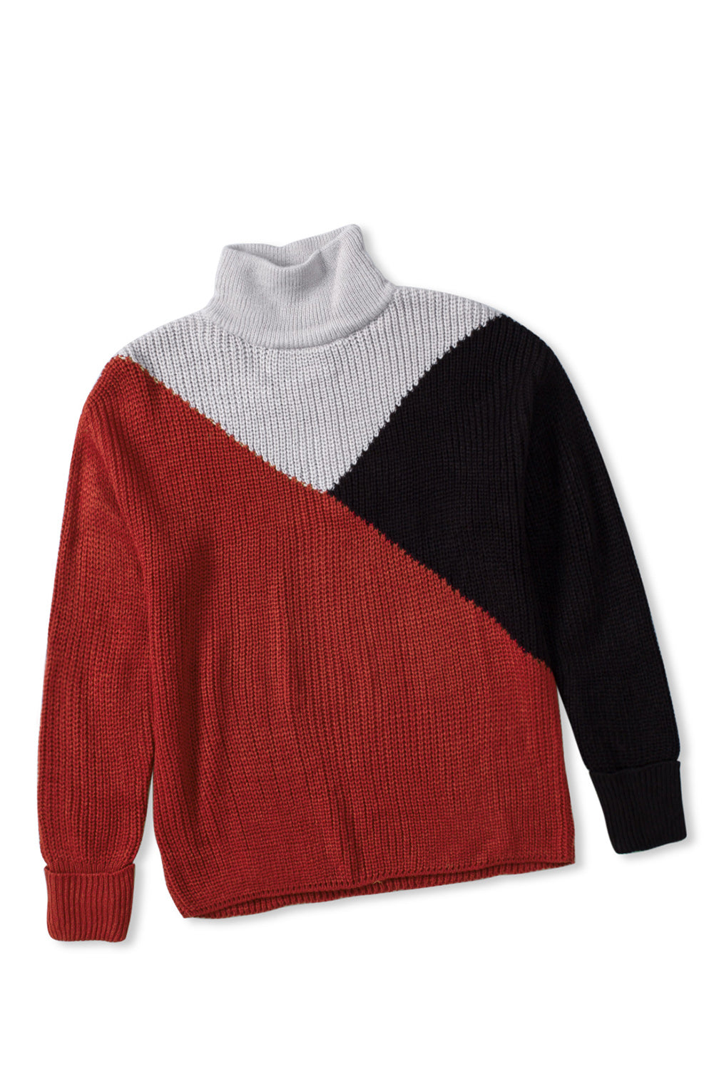 Black Color Block Drop Shoulder Turtleneck Sweater-yoyobikini