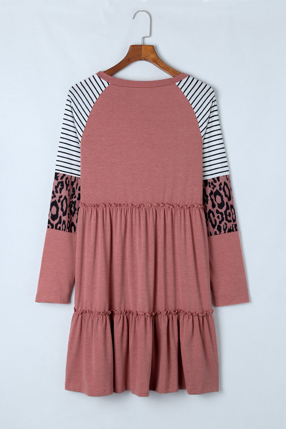 Pink Striped Leopard Patchwork Long Sleeve Mini Dress-yoyobikini
