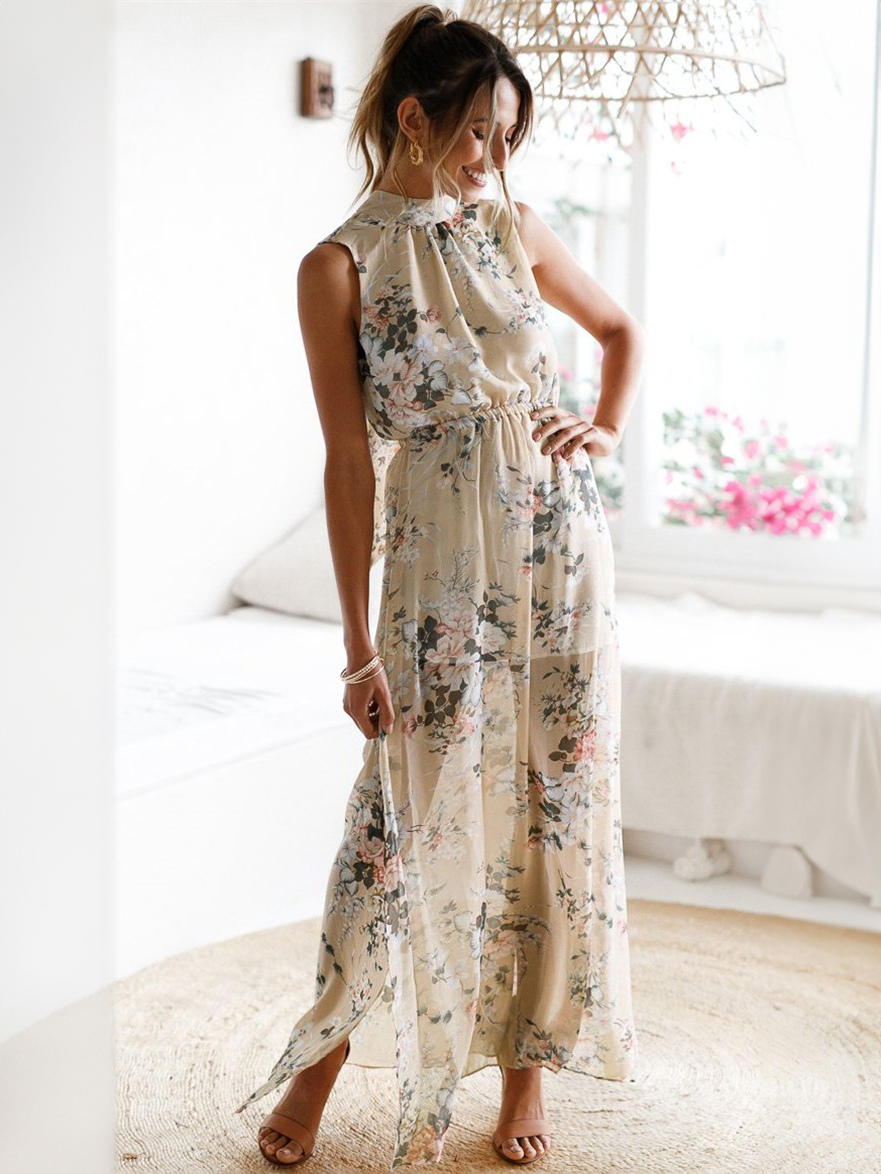 Boho Maxi Dress Floral Print Chiffon High Collar Split Soft Pink Summer Long Dress For Women
