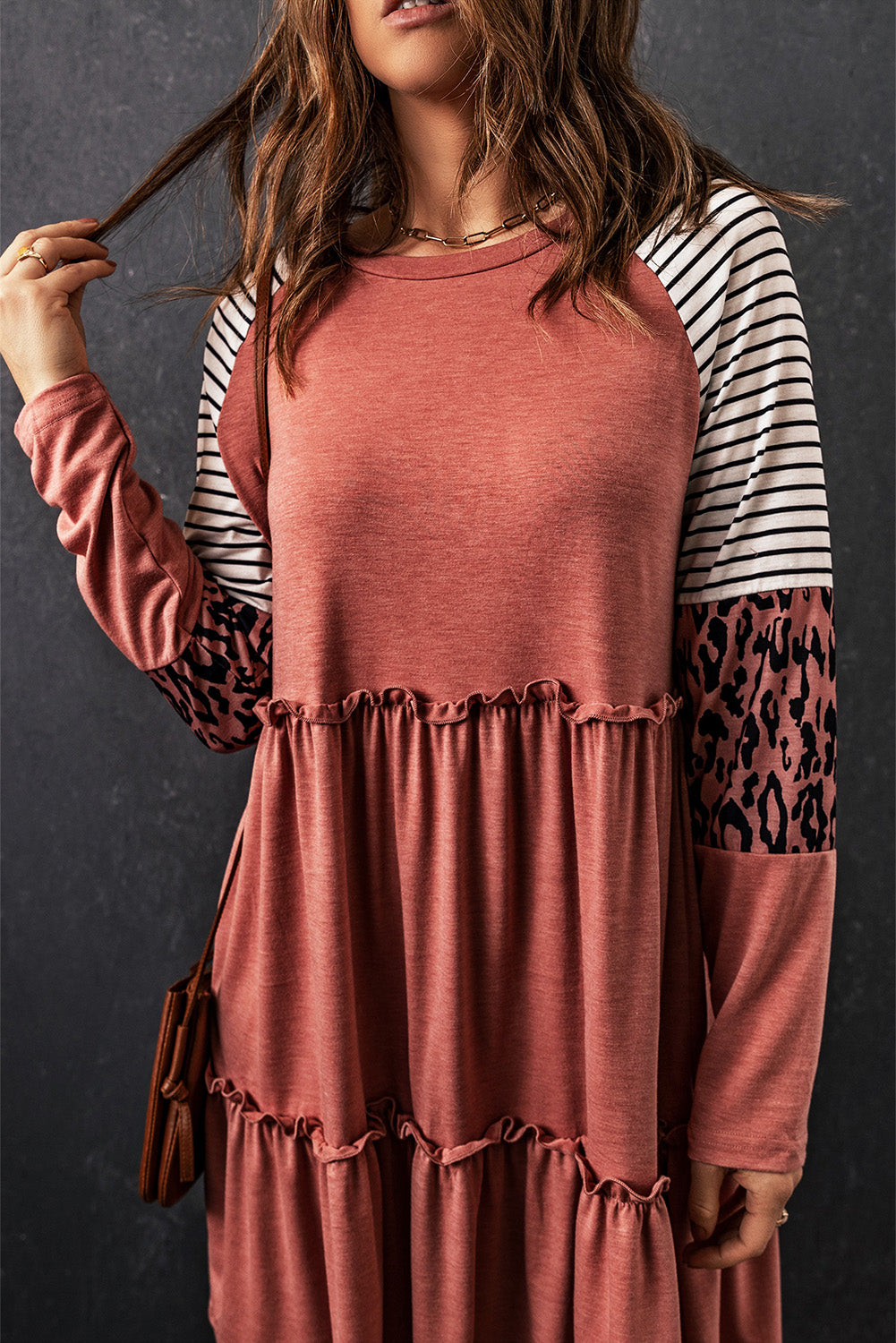 Pink Striped Leopard Patchwork Long Sleeve Mini Dress-yoyobikini