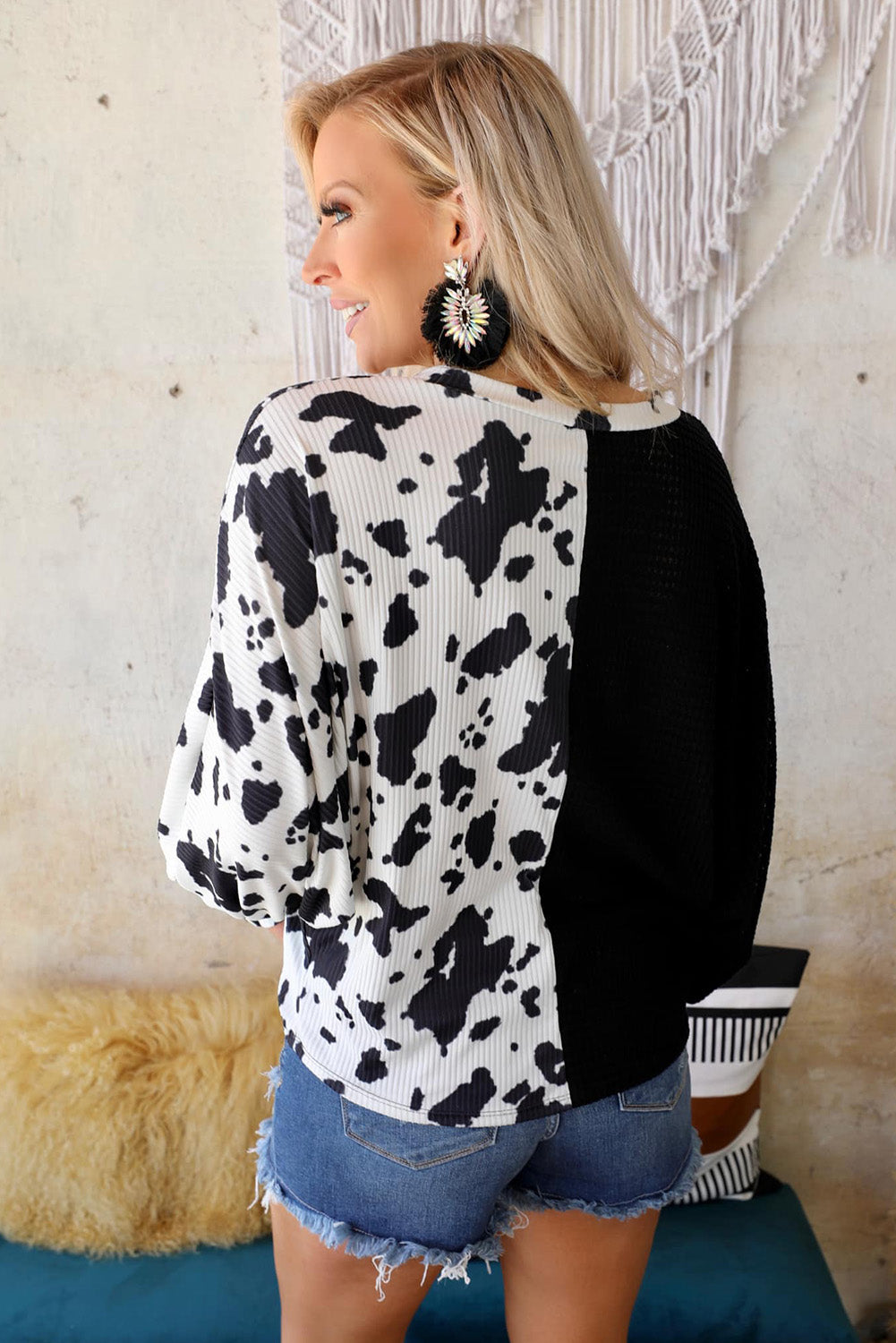 Black Cow Patchwork Waffle Knit Long Sleeve Top-yoyobikini