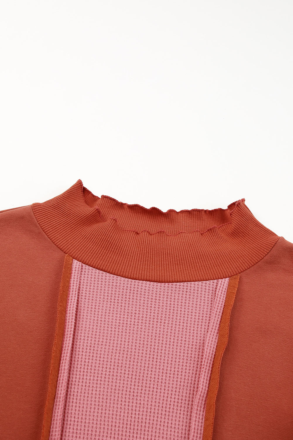 Red Waffle Knit Ripped Exposed Seam	Patchwork Top with Thumbhole-yoyobikini