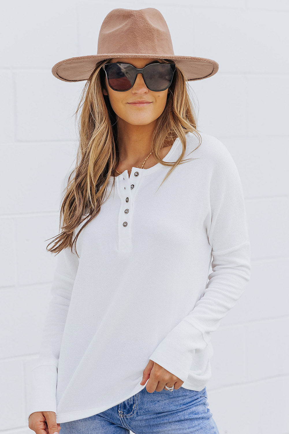 White Waffle Knit Henley Top-yoyobikini