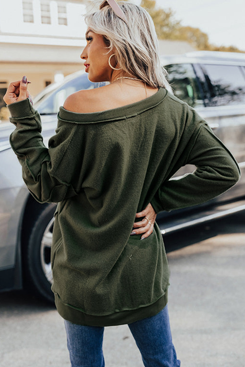 Green Expose Seam Detail Split Neck Long Sleeve Top-yoyobikini