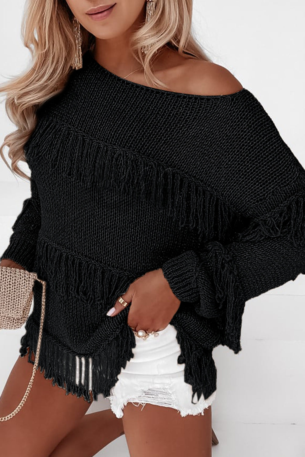 Black Boho Tasseled Knitted Sweater-yoyobikini