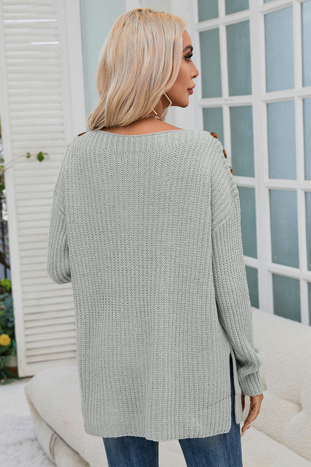 Gray Buttoned Drop Shoulder Oversized Sweater-yoyobikini