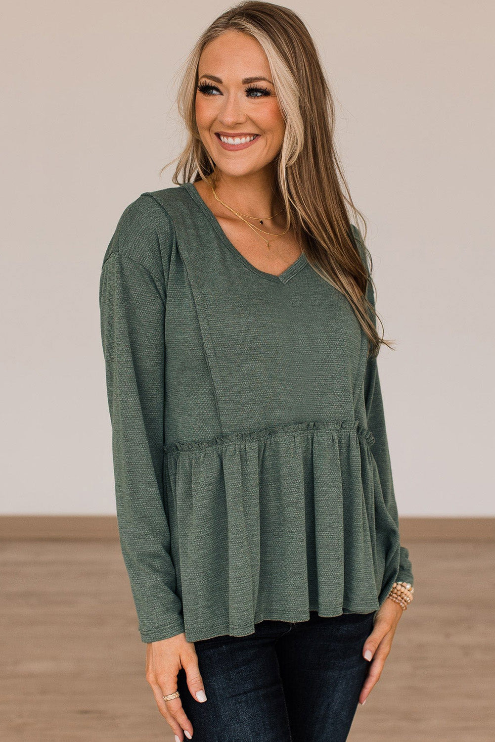 Green Outseam Detail Long Sleeve Peplum Top-yoyobikini