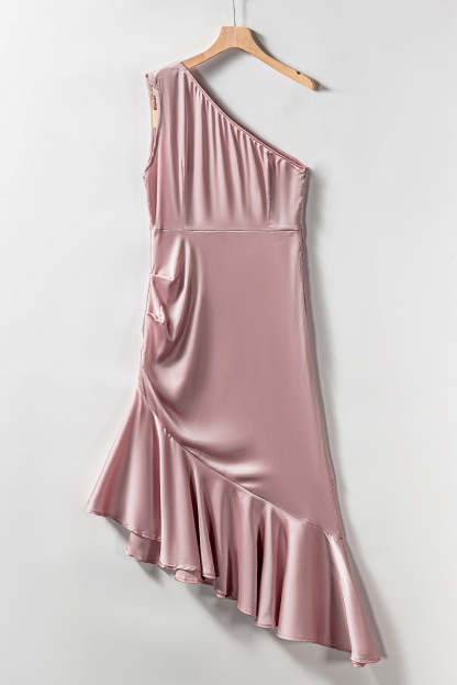 Pink Asymmetric One-shoulder Ruffle Cocktail Party Dress-yoyobikini