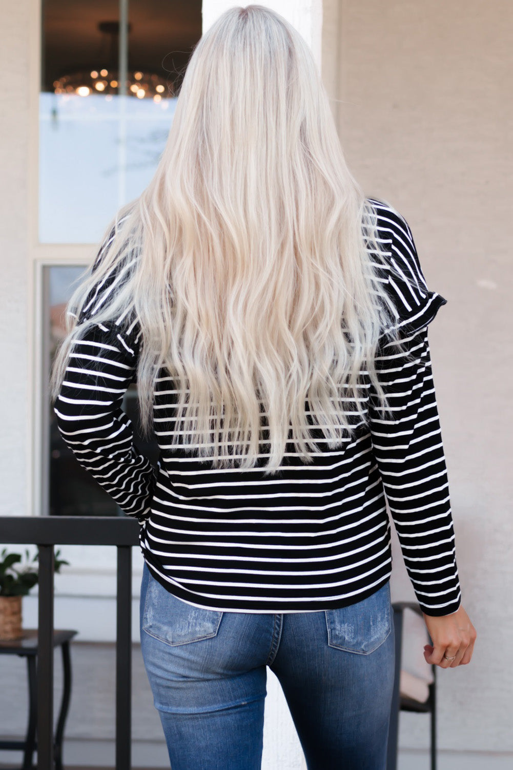 Black Striped Print Ruffled Buttoned Long Sleeve Top-yoyobikini