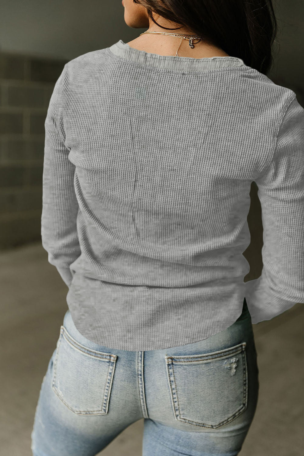 Gray Trimmed Neckline Waffle Knit Henley Top-yoyobikini