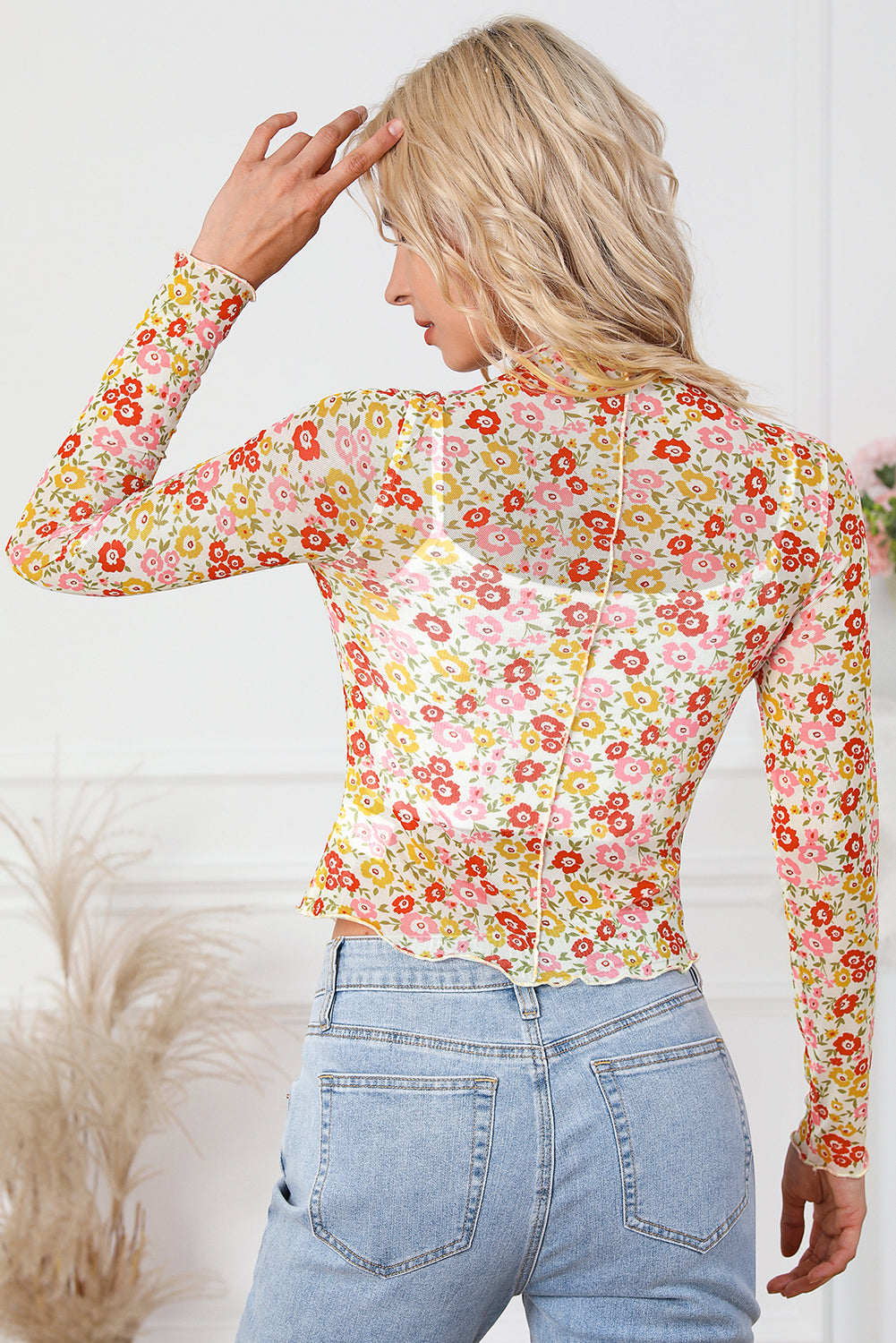 Multicolor Floral Lettuce Hem Long Sleeve Top-yoyobikini