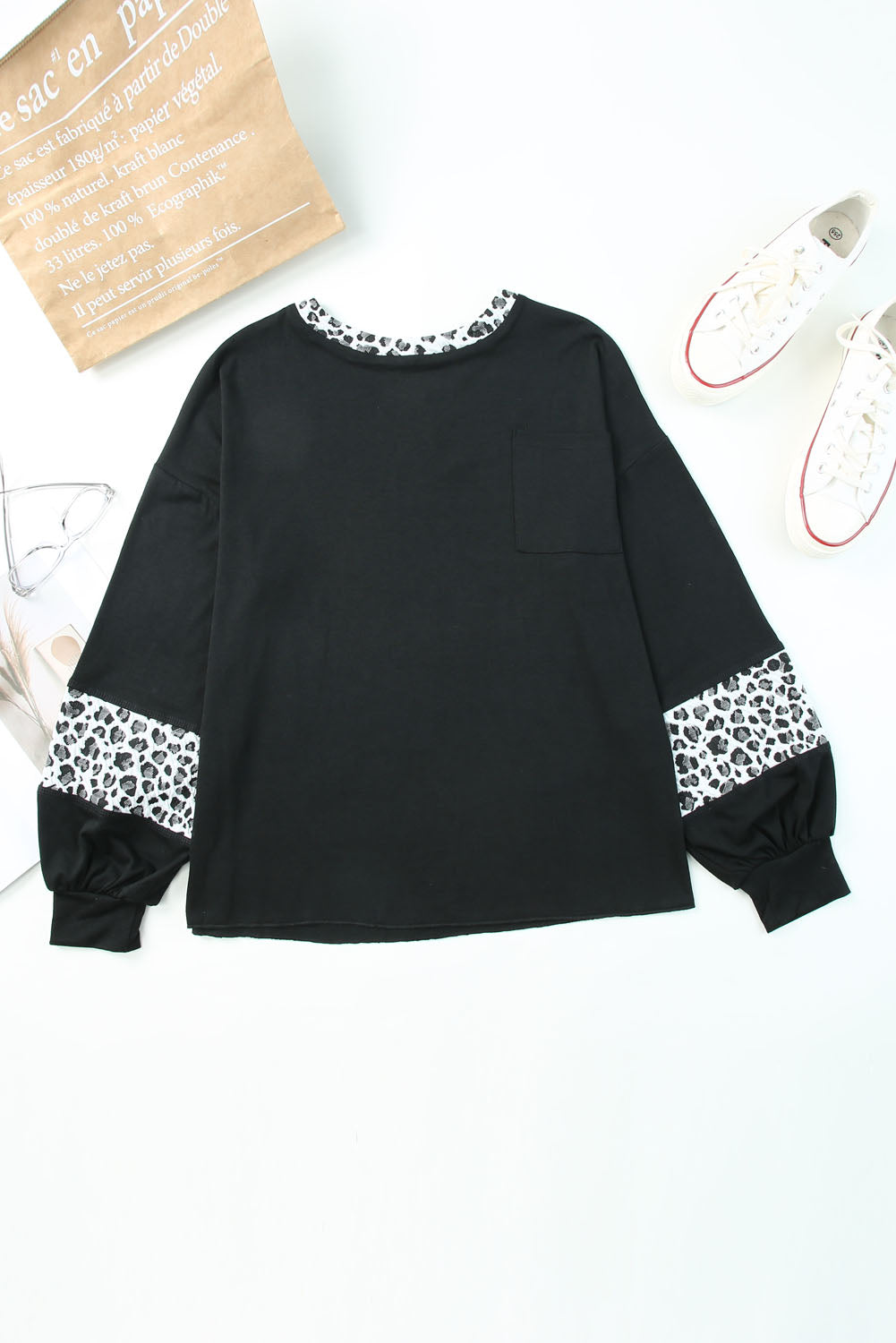 Black Leopard Print Balloon Sleeve Crew Neck Top-yoyobikini