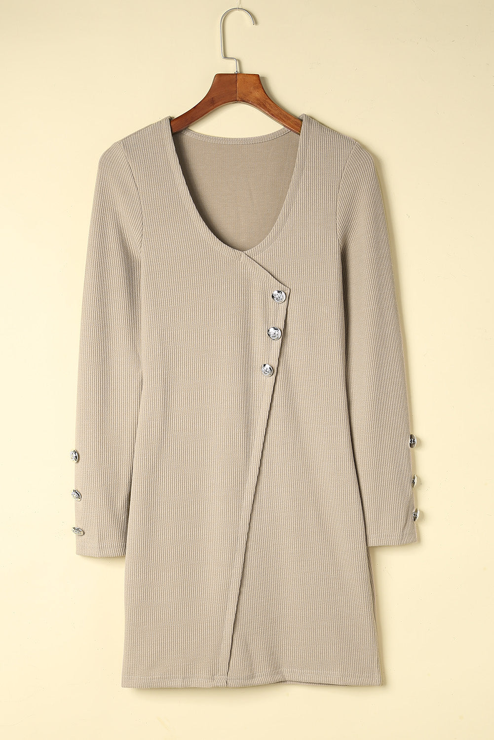 Apricot Buttons Long Sleeve Knitted Bodycon Dress-yoyobikini