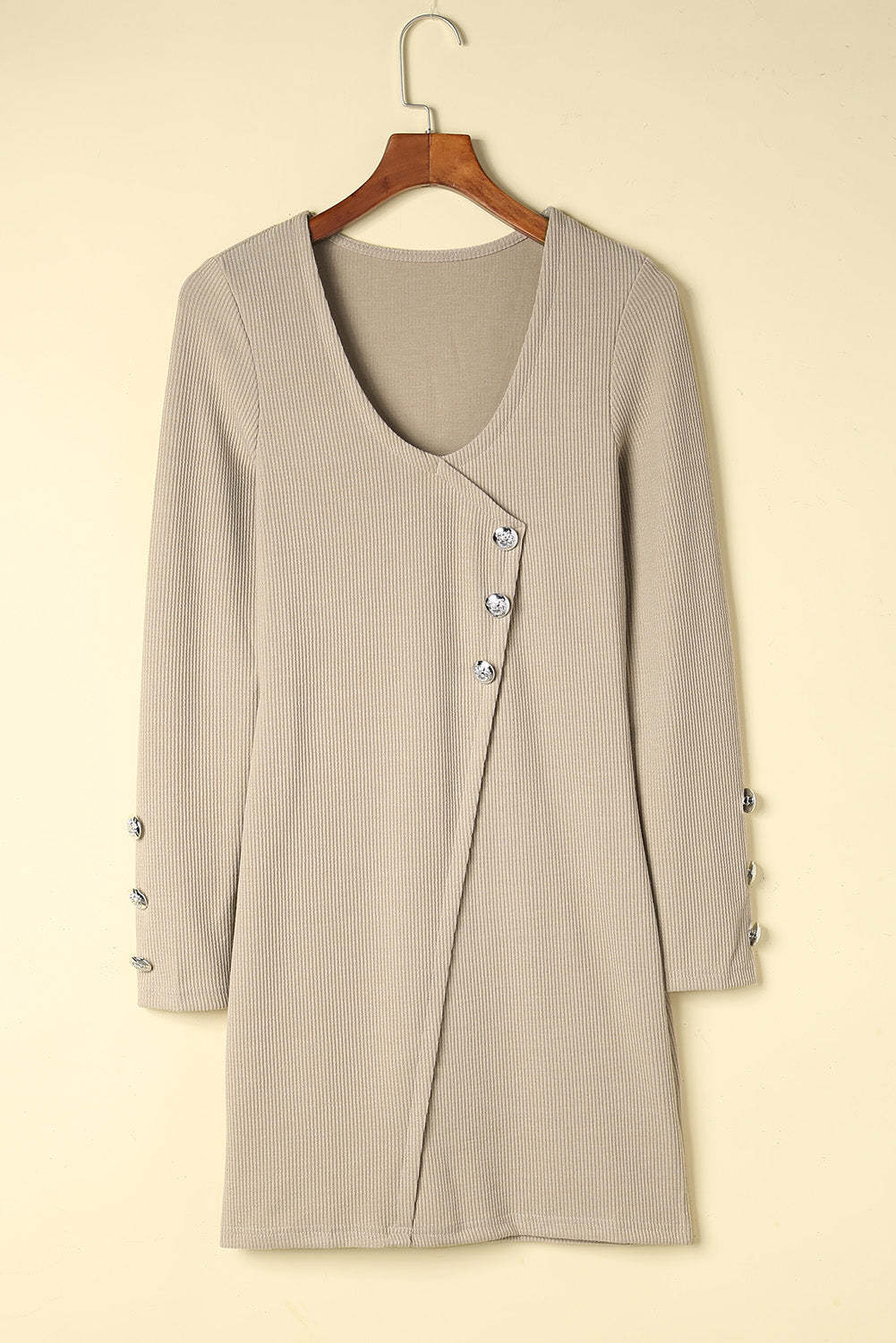 Apricot Buttons Long Sleeve Knitted Bodycon Dress-yoyobikini