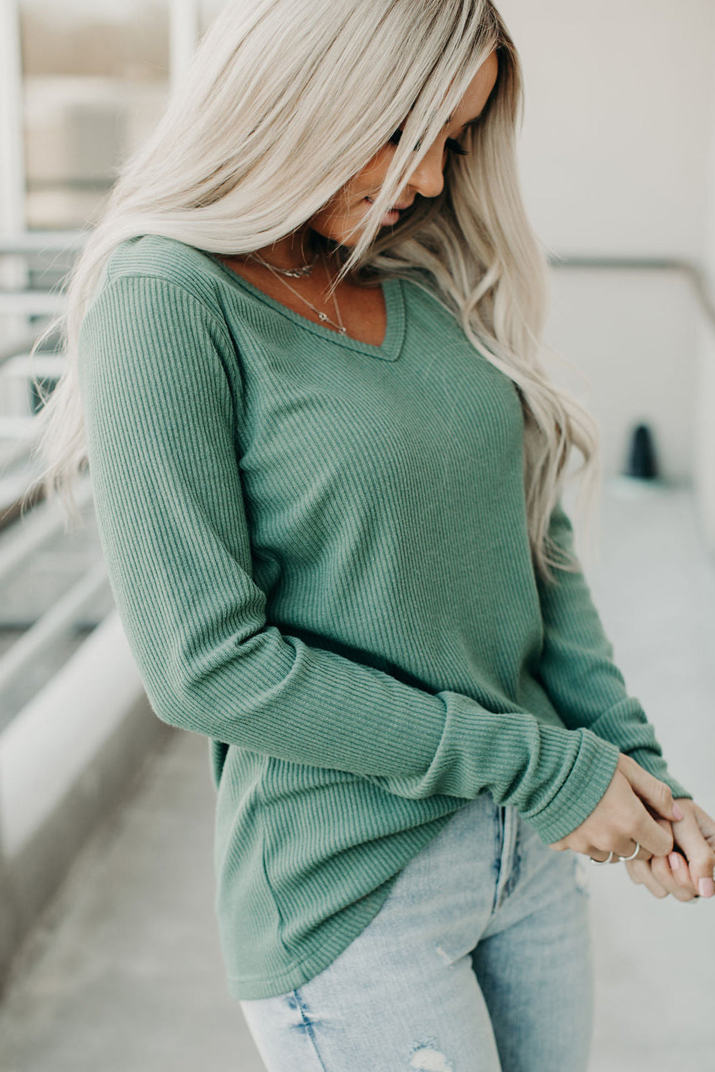 Green Ribbed V Neck Long Sleeve Top-yoyobikini