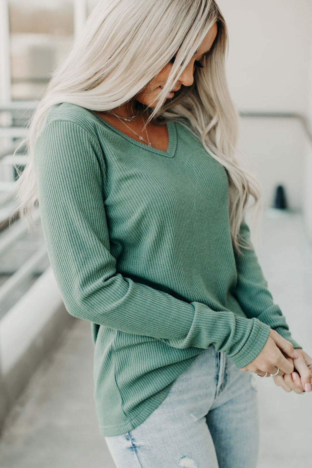 Green Ribbed V Neck Long Sleeve Top-yoyobikini