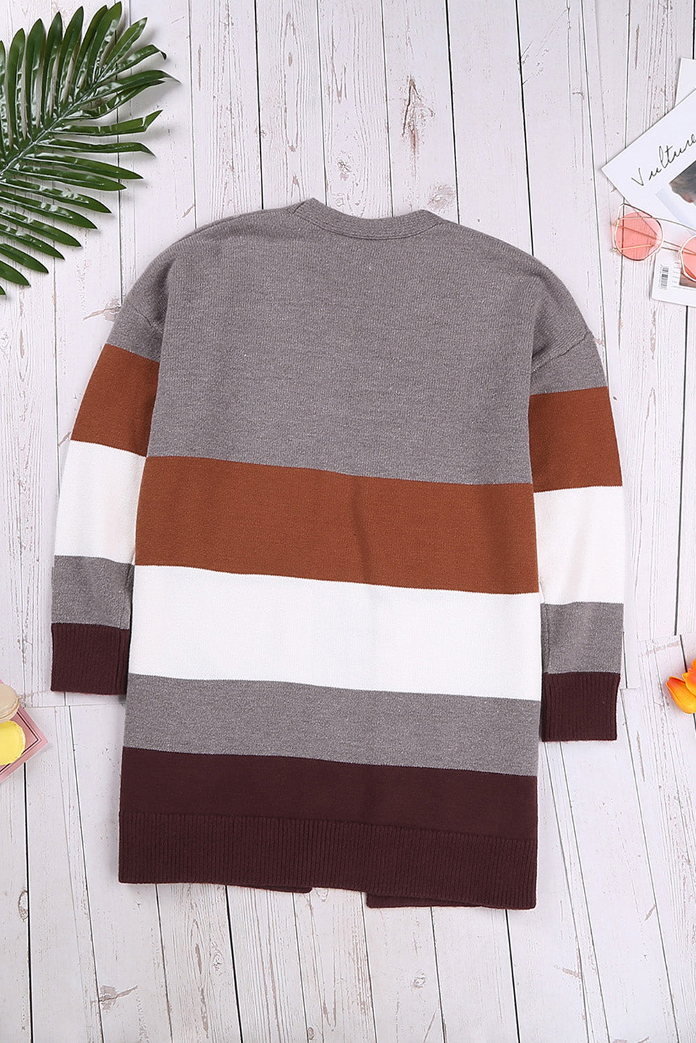 Open Front Colorblock Cardigan with Pockets-yoyobikini