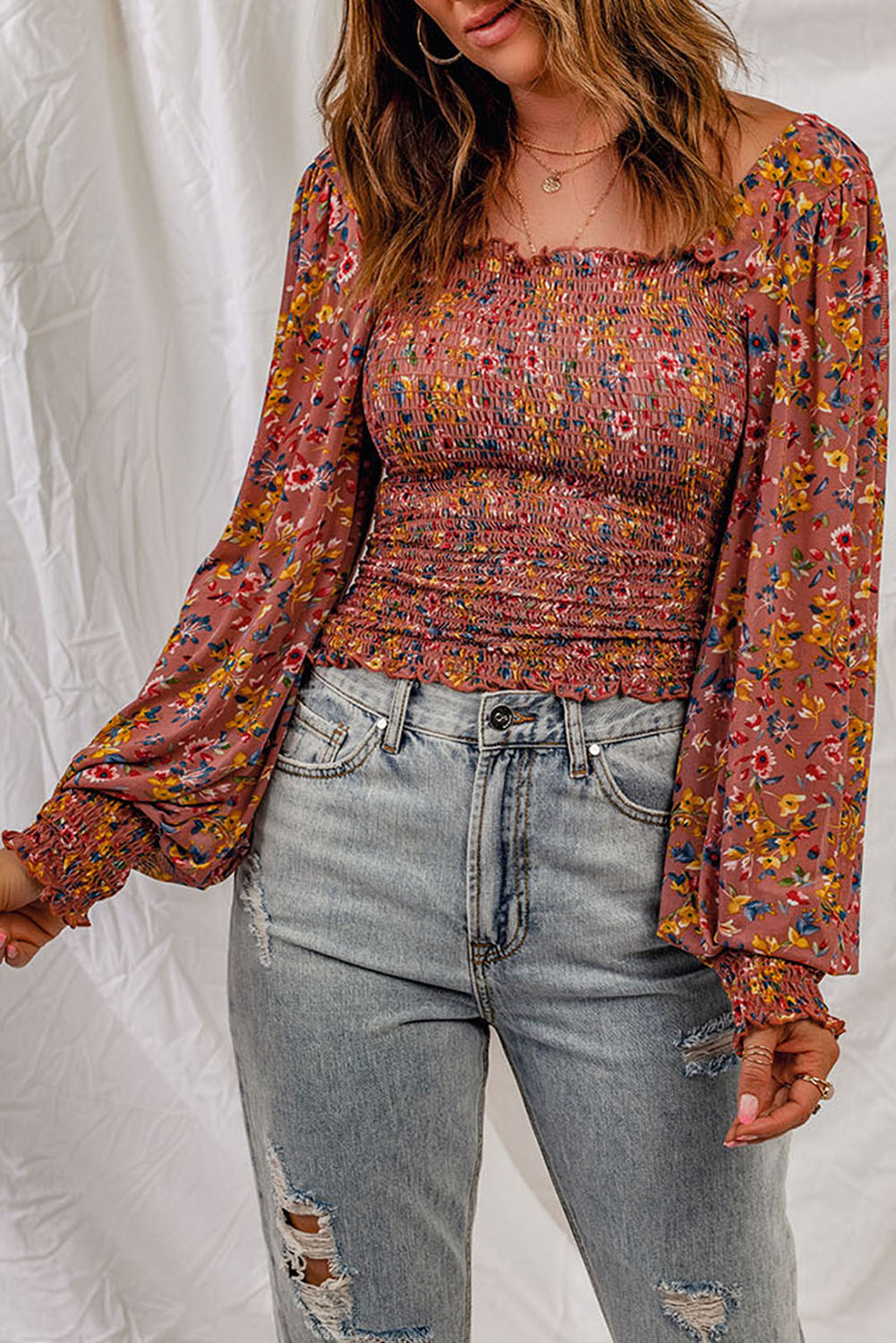 Pink Floral Print Smocked Long Sleeve Top-yoyobikini