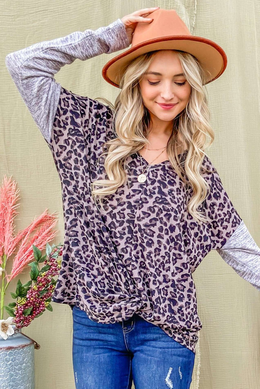Leopard Print Drop Shoulder Patchwork Sleeve Top-yoyobikini