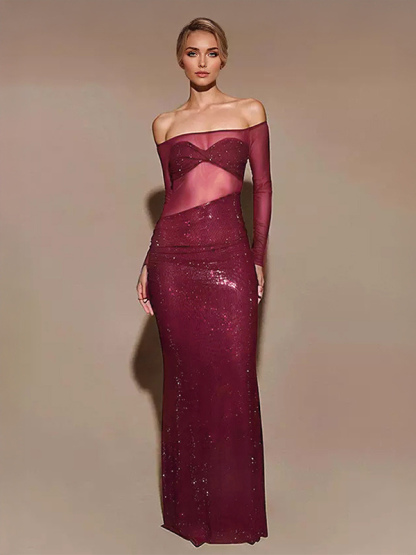 Sheer Bodycon Long Dress with Asymmetrical Cut Off-Shoulder Long Sleeve Sexy Club Dress For Women 2025