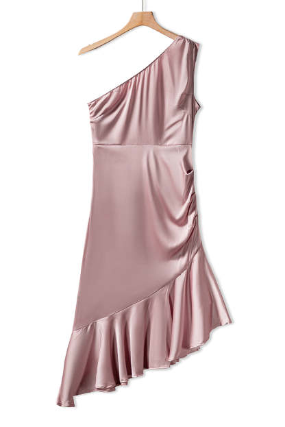 Pink Asymmetric One-shoulder Ruffle Cocktail Party Dress-yoyobikini
