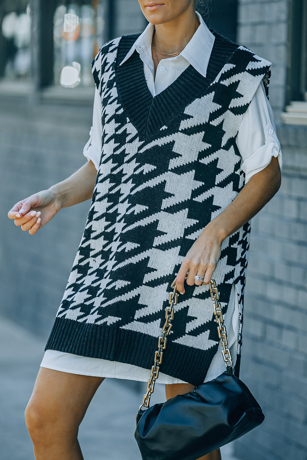 Black Houndstooth Sweater Vest with Slits-yoyobikini