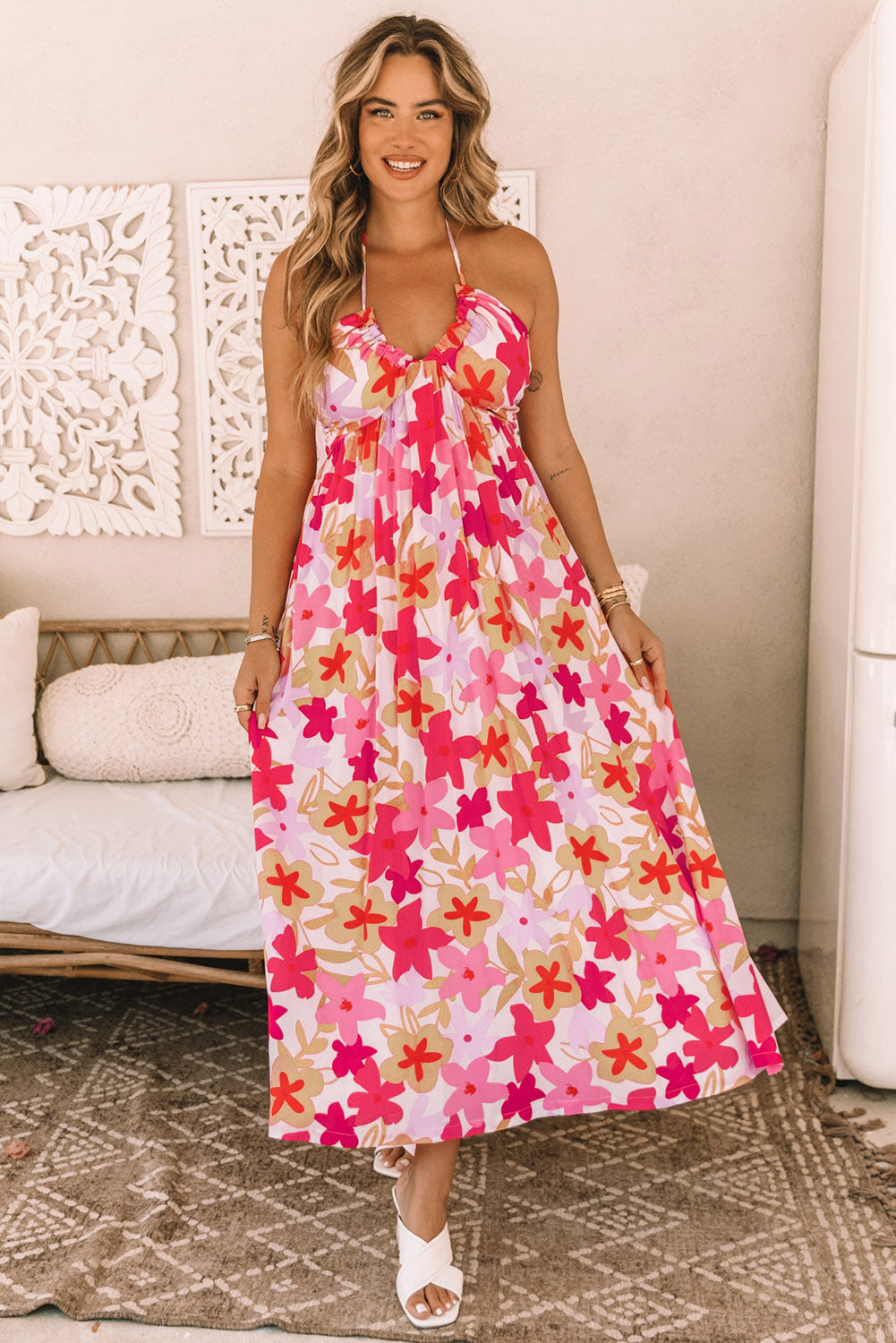Red Halter Neck Backless Floral Print Maxi Dress with Ties-yoyobikini