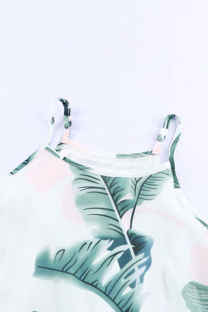 Palm Tree Leaf Print Ivory Sleeveless Dress-yoyobikini