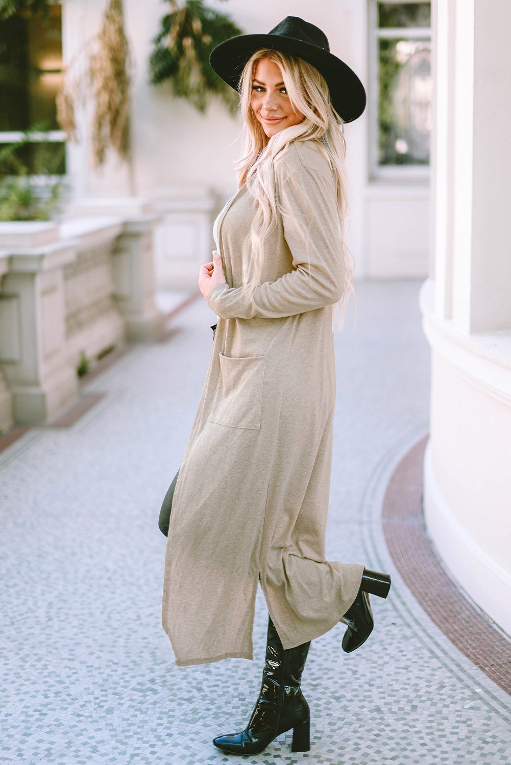Apricot Open Front Pocketed Duster Cardigan with Slits-yoyobikini