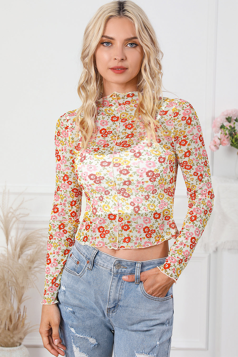 Multicolor Floral Lettuce Hem Long Sleeve Top-yoyobikini