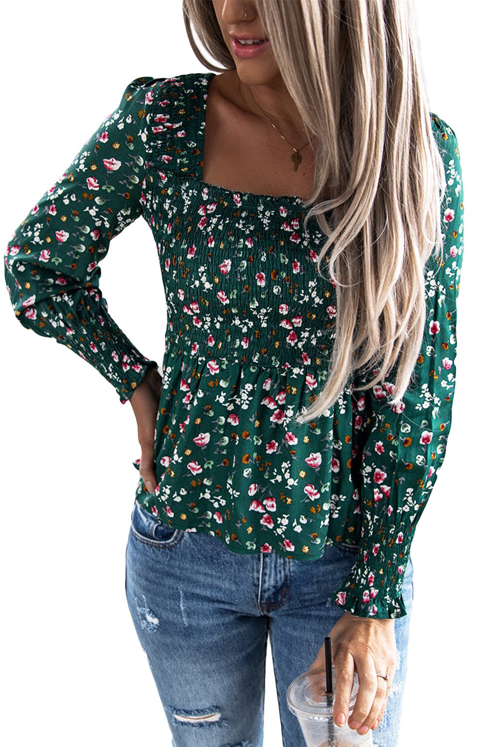 Floral Print Smocked Lace-up Square Neck Long Sleeve Top-yoyobikini