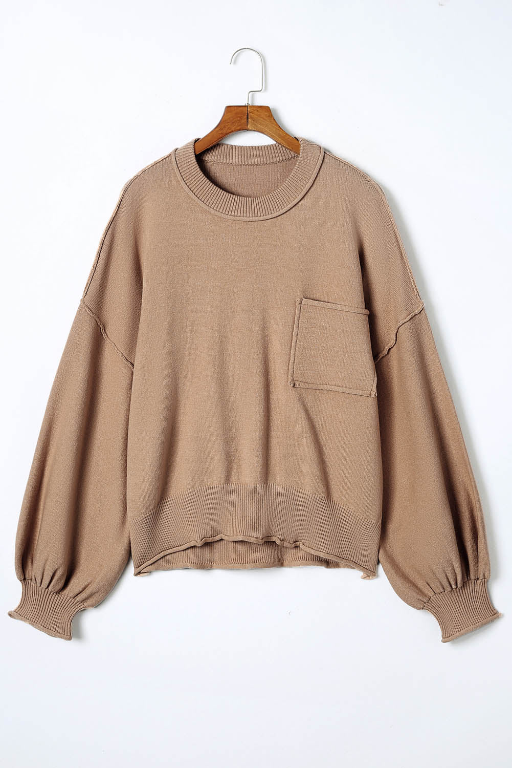 Apricot Raw Edge Patch Pocket Exposed Seam Loose Sweater-yoyobikini