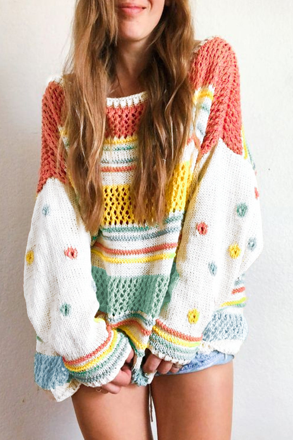 Multicolor Hollow Striped Knit Contrast Sleeve Sweater-yoyobikini