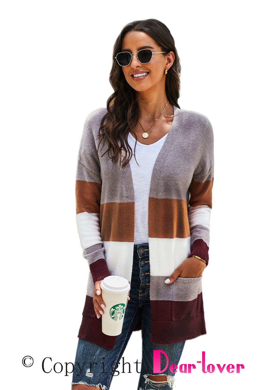 Open Front Colorblock Cardigan with Pockets-yoyobikini