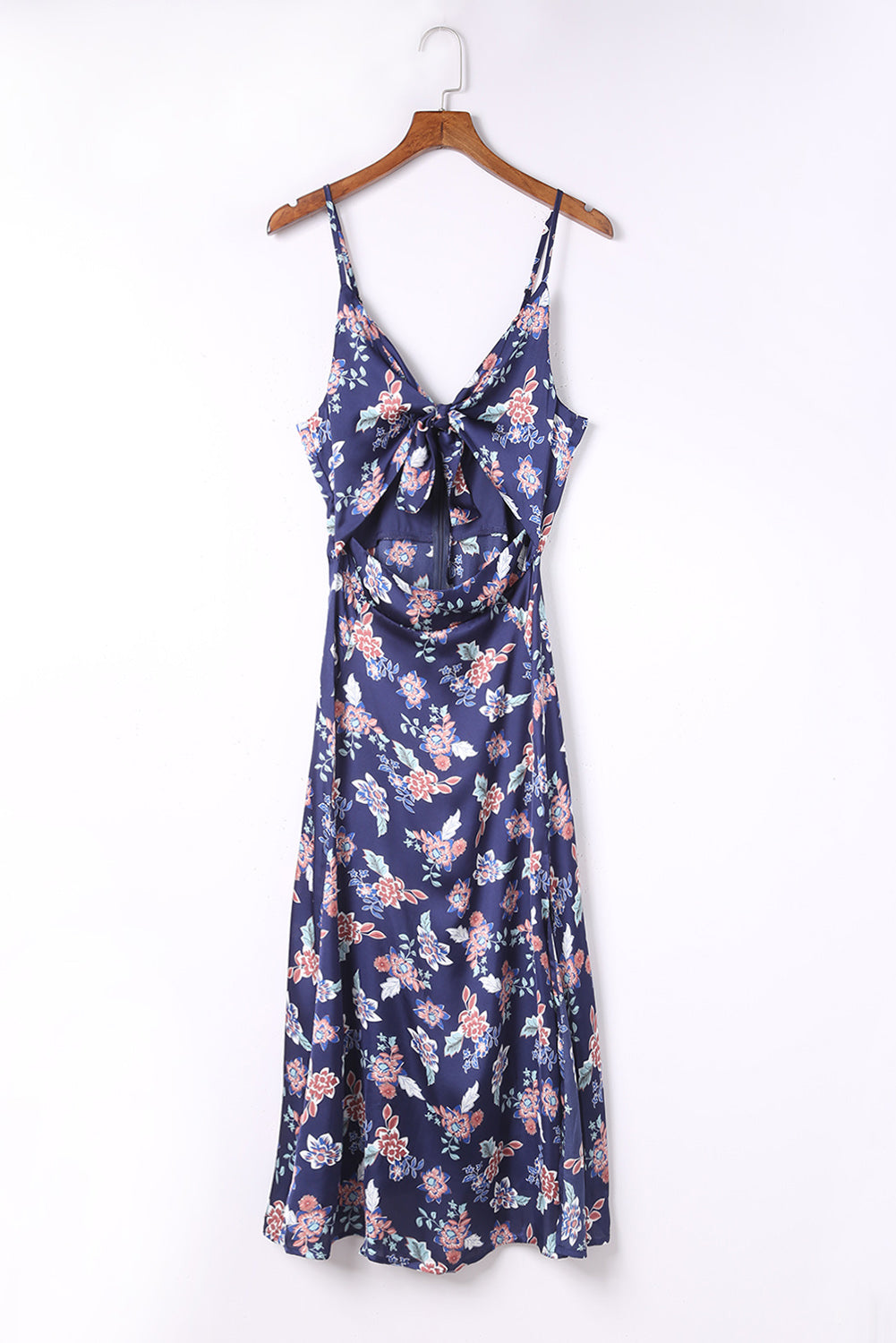 Blue Floral Print Bust Knot Long Dress with Slit-yoyobikini