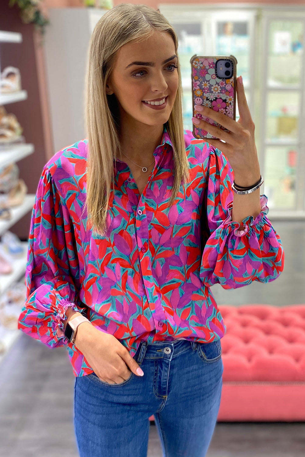 Multicolor Abstract Floral Button Up Long Puff Sleeve Shirt-yoyobikini