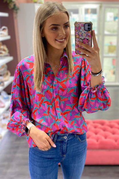 Multicolor Abstract Floral Button Up Long Puff Sleeve Shirt-yoyobikini