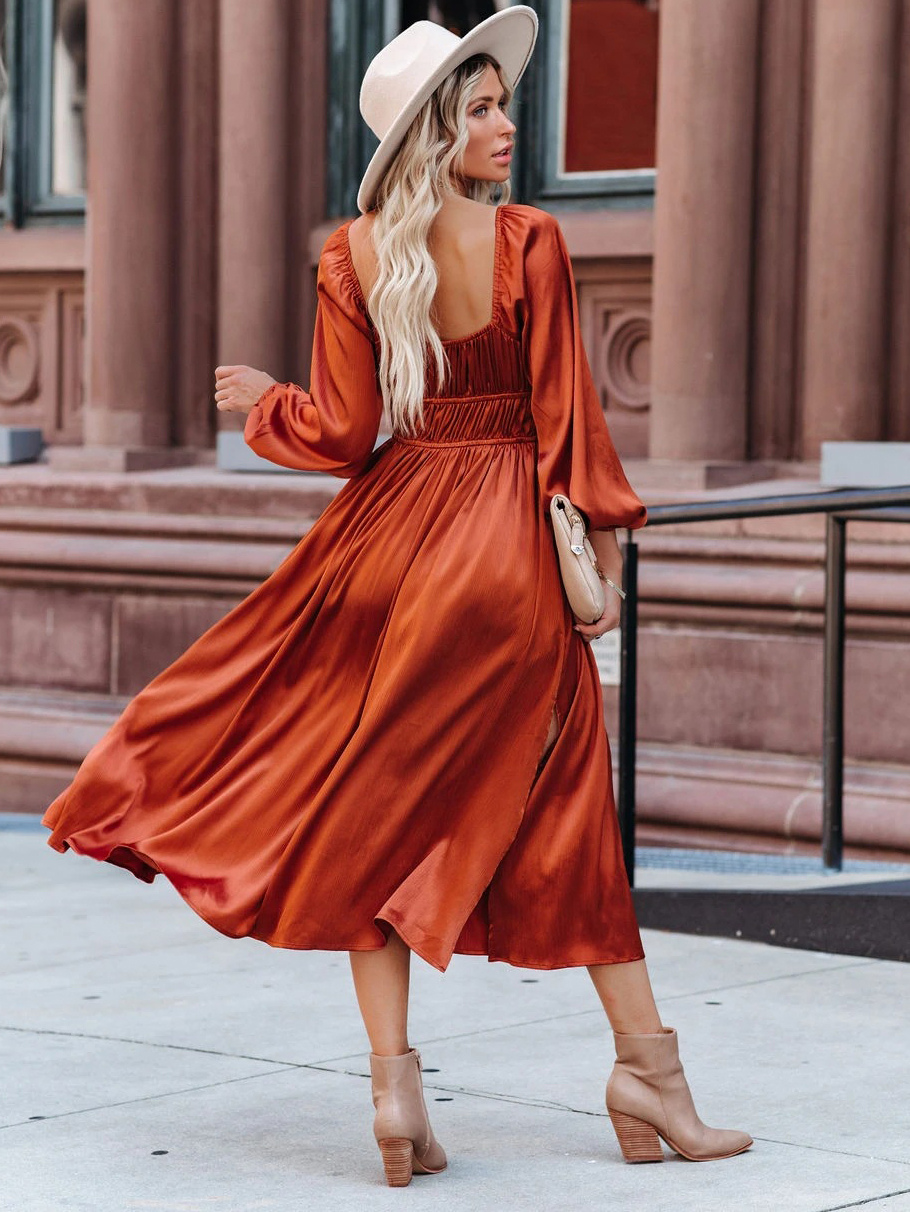 Maxi Dress Square Neck Long Sleeves Orange Red Floor Length Dress