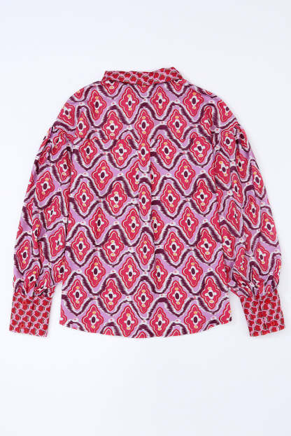Rose Abstract Print Button Up Long Sleeve Shirt-yoyobikini