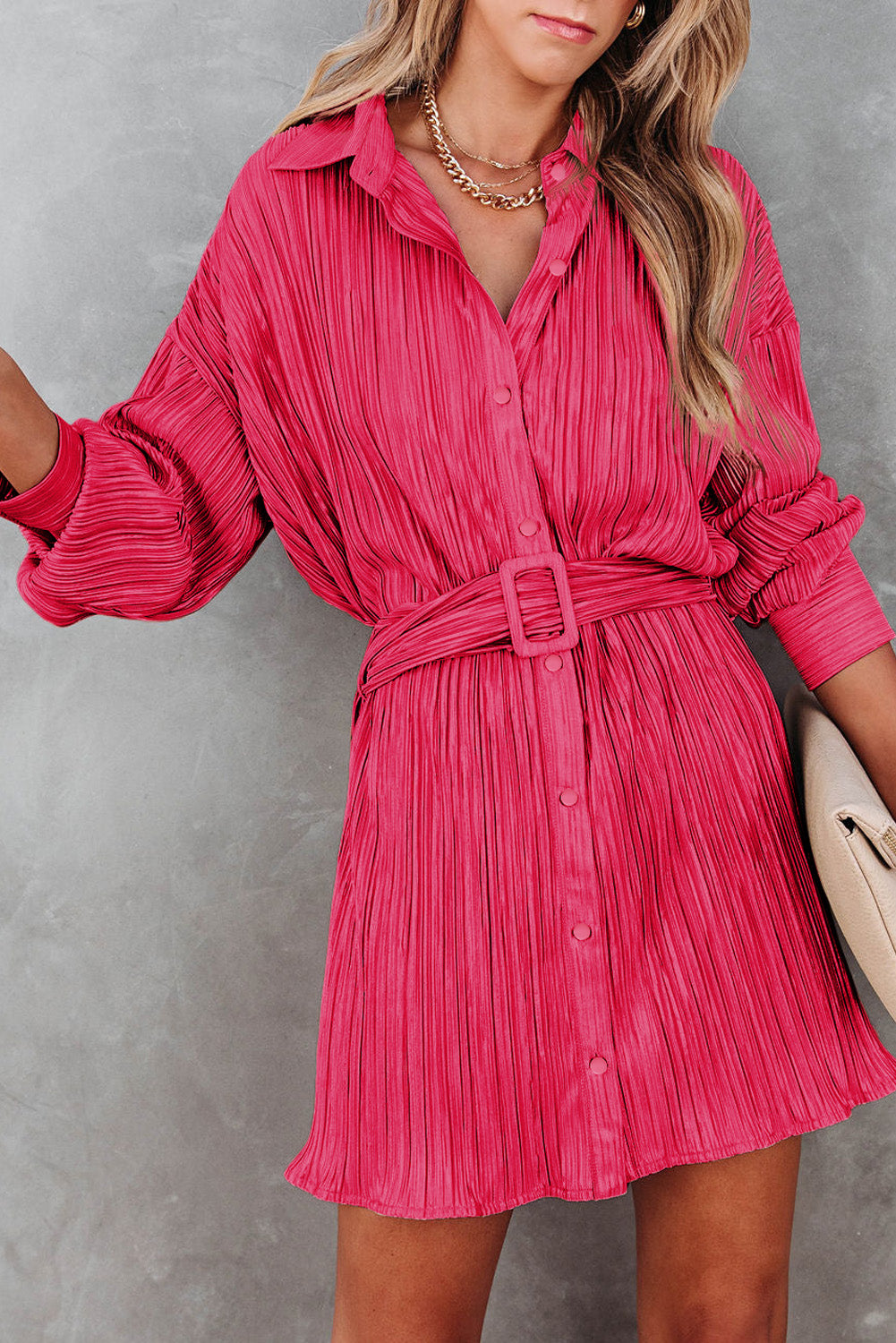 Rose Pleated Buckle Belt Drop Shoulder Shirt Mini Dress-yoyobikini