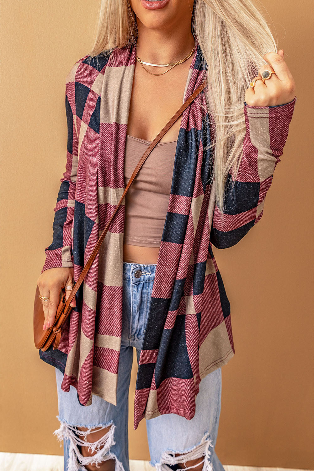 Draped Open Front Plaid Cardigan-yoyobikini