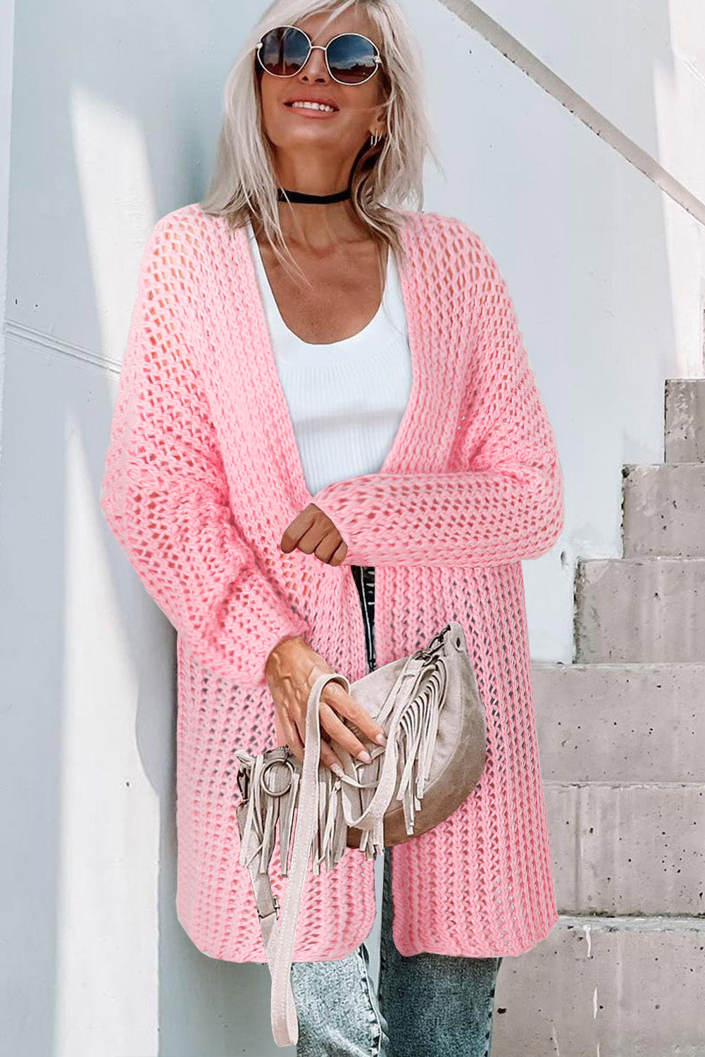 Pink Open Knit Long Sleeve Oversized Cardigan-yoyobikini