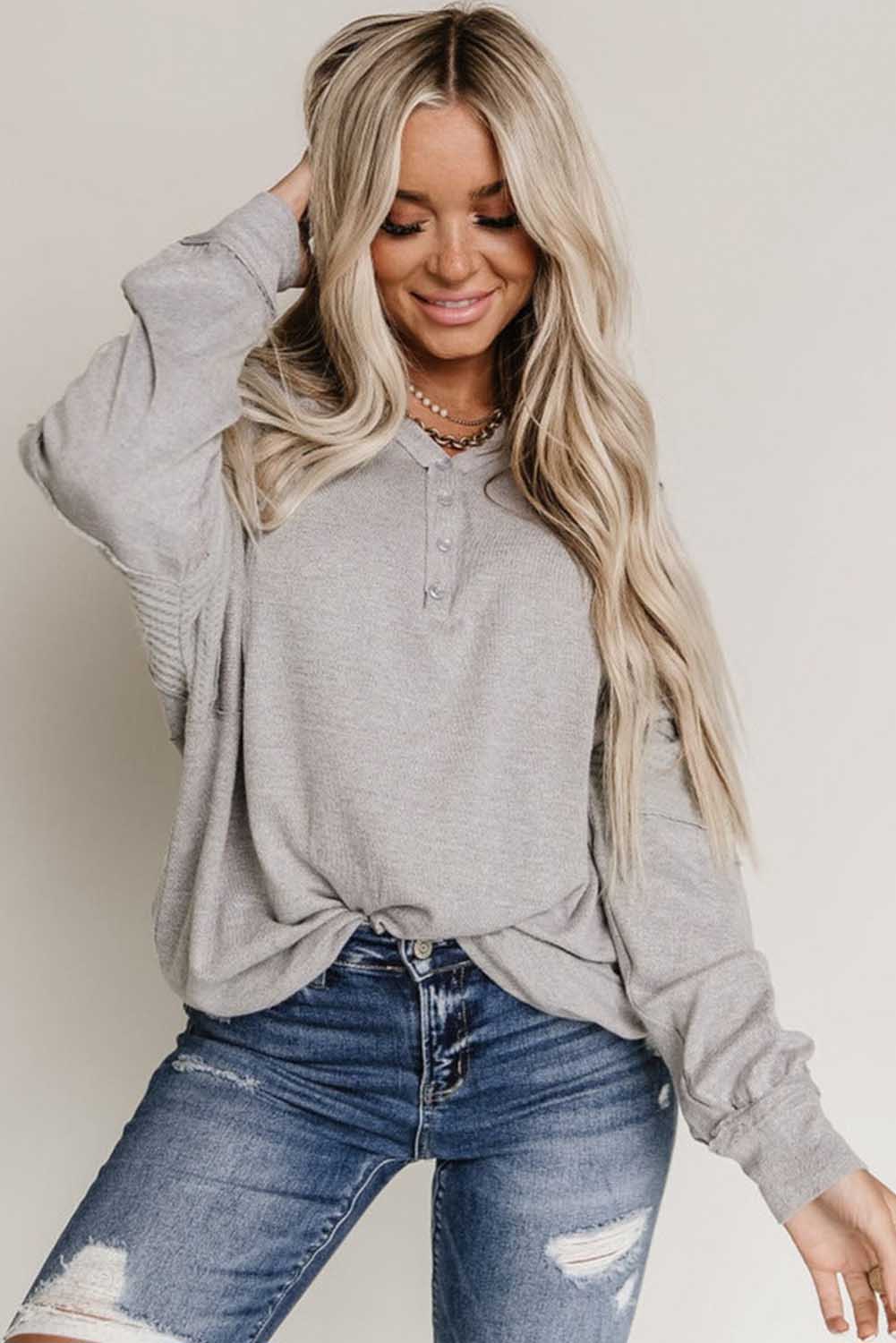 Gray Waffle Patchwork Dolman Sleeve Henley Top-yoyobikini
