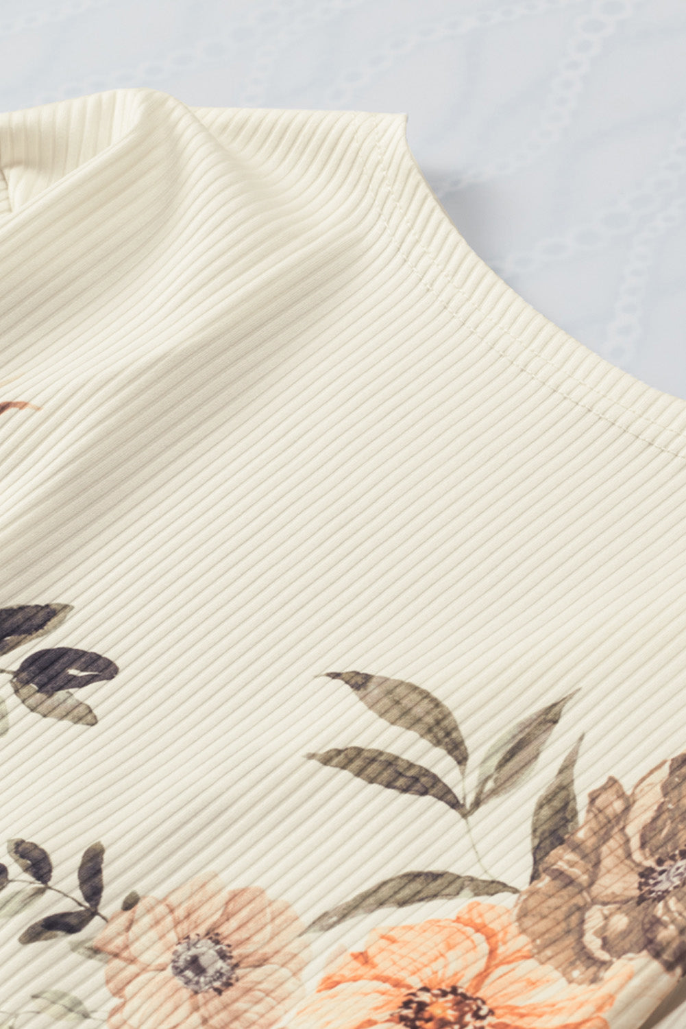 Apricot Floral Print Ribbed Knit Slim Fit Cardigan-yoyobikini